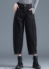 Pantalones harén de mezclilla de algodón con bolsillos y cintura alta en color azul liso
